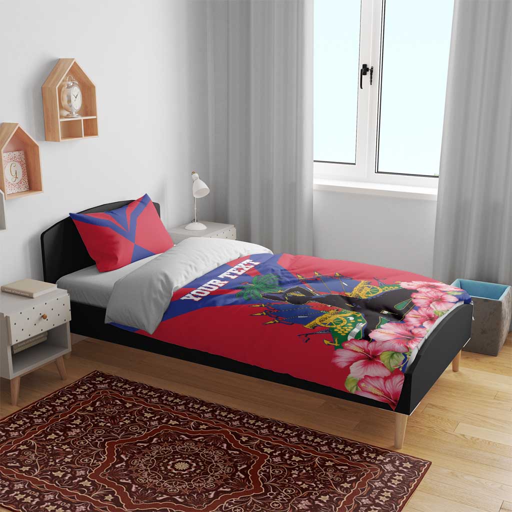 Personalized bedding set on bed: red and blue flag design with YOUR TEXT, palm tree and hibiscus