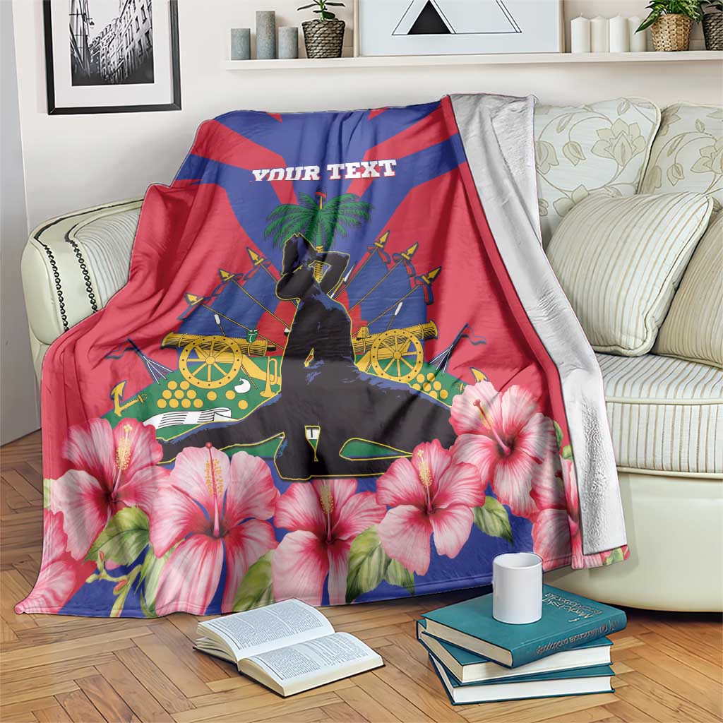 Personalized Haiti flag blanket with central silhouette and pink hibiscus flowers, custom text