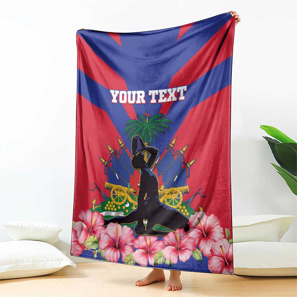 Personalized Haiti flag blanket hanging with diagonal red-blue stripes, central silhouette, hibiscus