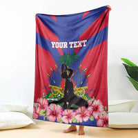 Personalized Haiti flag blanket hanging with diagonal red-blue stripes, central silhouette, hibiscus