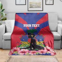 Personalized Haiti flag blanket draped on sofa with central silhouette, hibiscus flowers, custom text
