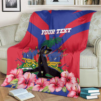 Personalized Haiti flag blanket draped on couch with custom text over diagonal red-blue stripes