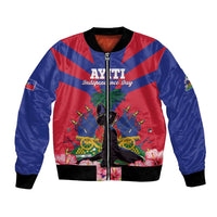 Unisex blue bomber jacket with red diagonal stripes, front zipper, Haiti emblem