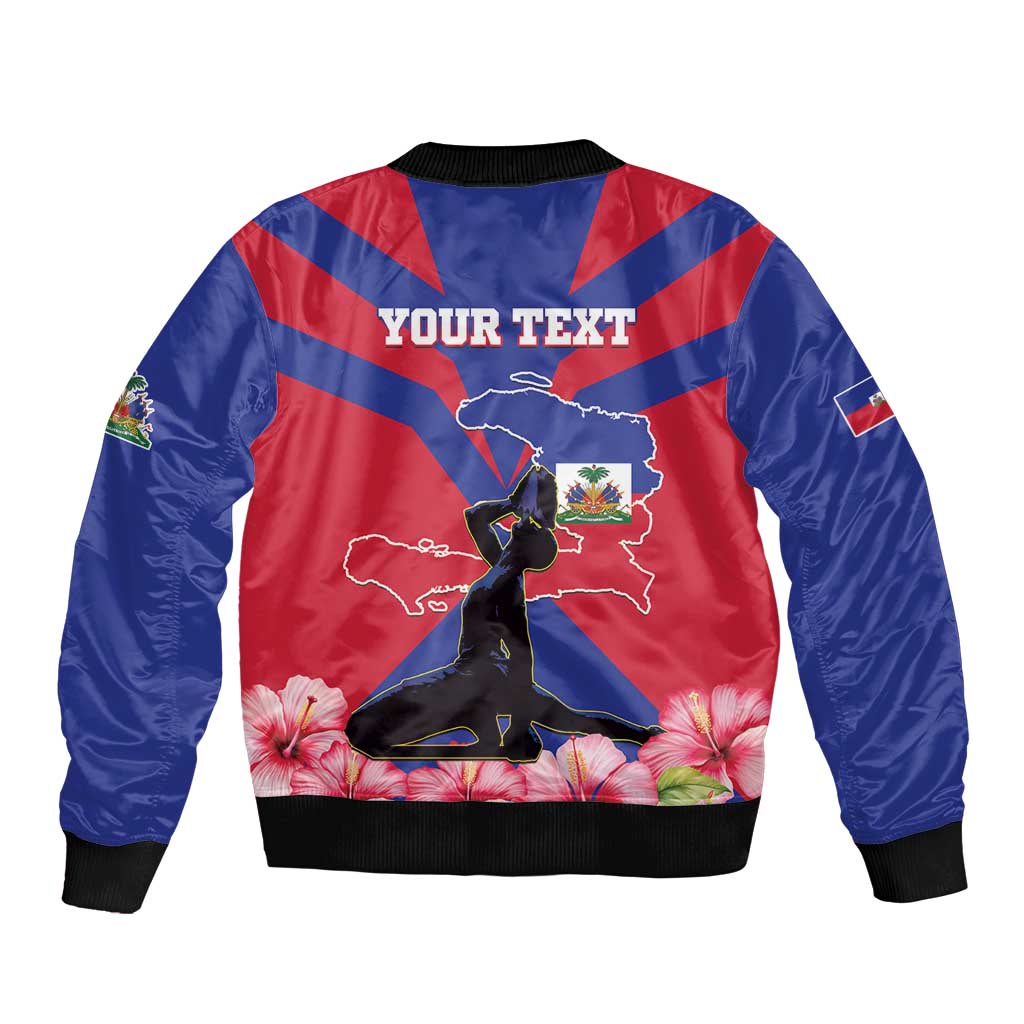 Unisex blue bomber jacket back with red stripes, custom text, Haiti map and flowers