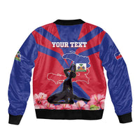 Unisex blue bomber jacket back with red stripes, custom text, Haiti map and flowers