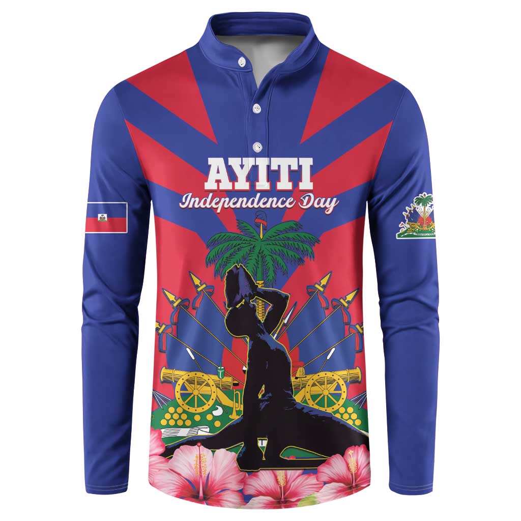 Blue button sweatshirt with AYITI Independence Day graphic front