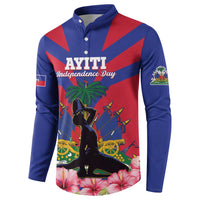 Blue button sweatshirt with AYITI Independence Day graphic and tropical scene