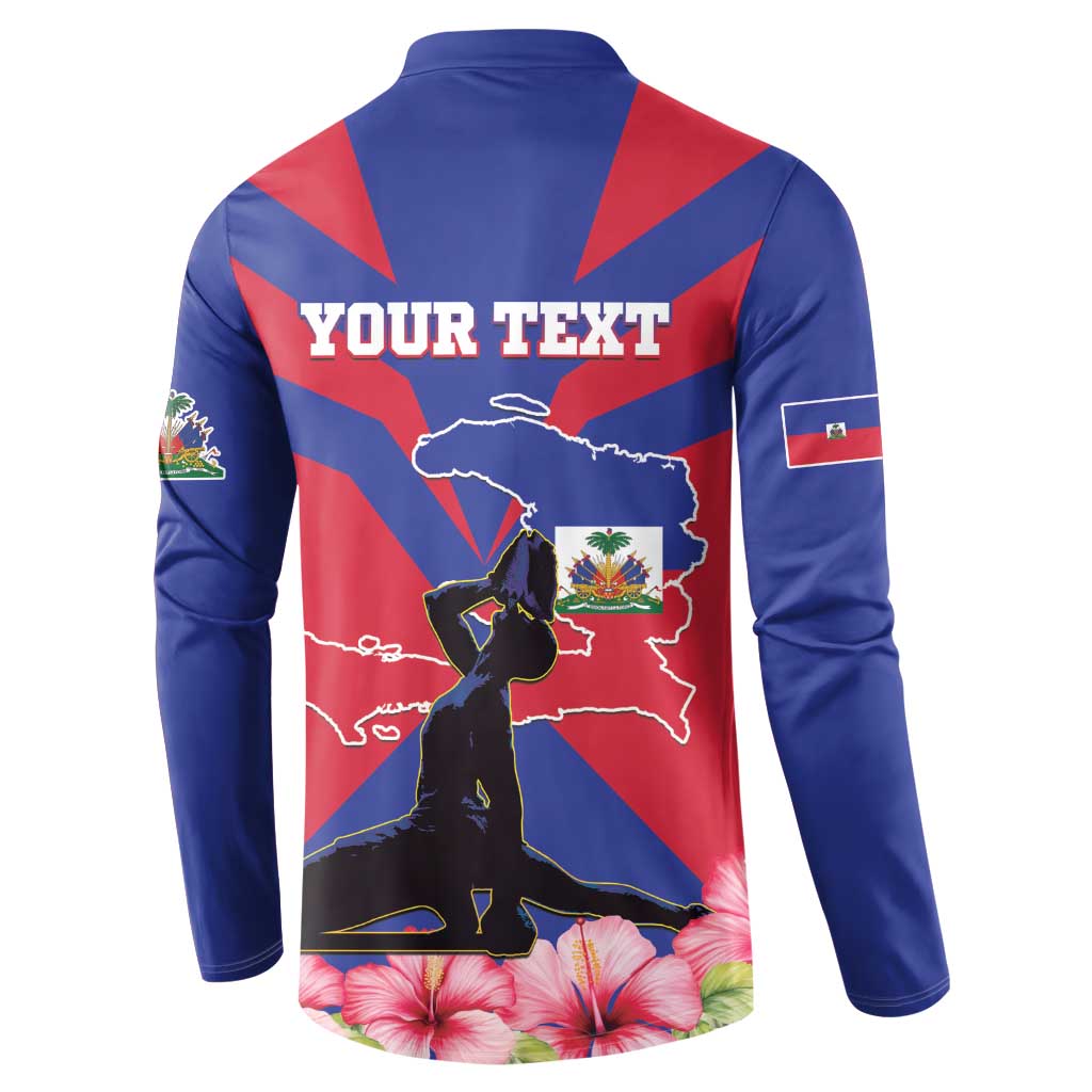 Blue button sweatshirt with Haiti map graphic and YOUR TEXT on back