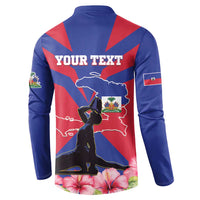 Blue button sweatshirt with Haiti map graphic and YOUR TEXT on back