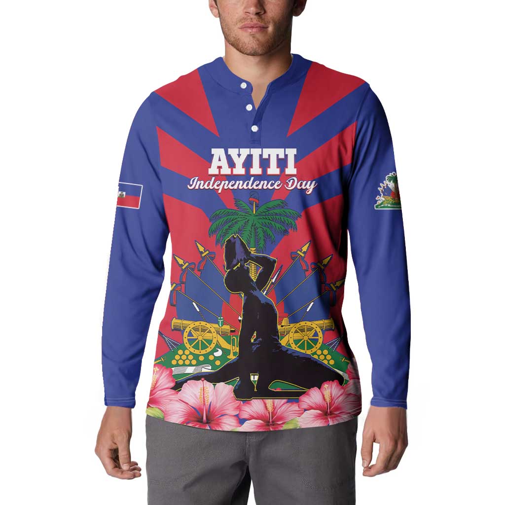 Blue button sweatshirt with AYITI Independence Day front, hibiscus and palm