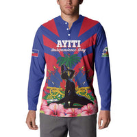 Blue button sweatshirt with AYITI Independence Day front, hibiscus and palm
