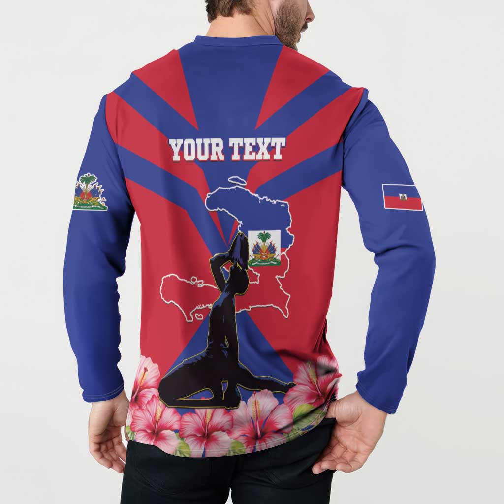 Blue button sweatshirt back with YOUR TEXT, Haiti map, and flag accents