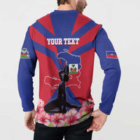 Blue button sweatshirt back with YOUR TEXT, Haiti map, and flag accents