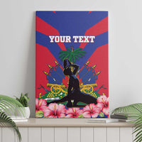 Personalized canvas wall art with Haiti flag colors, black figure, palm tree, hibiscus flowers