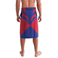 Printed lavalava wrap skirt featuring blue and red flag pattern, side view