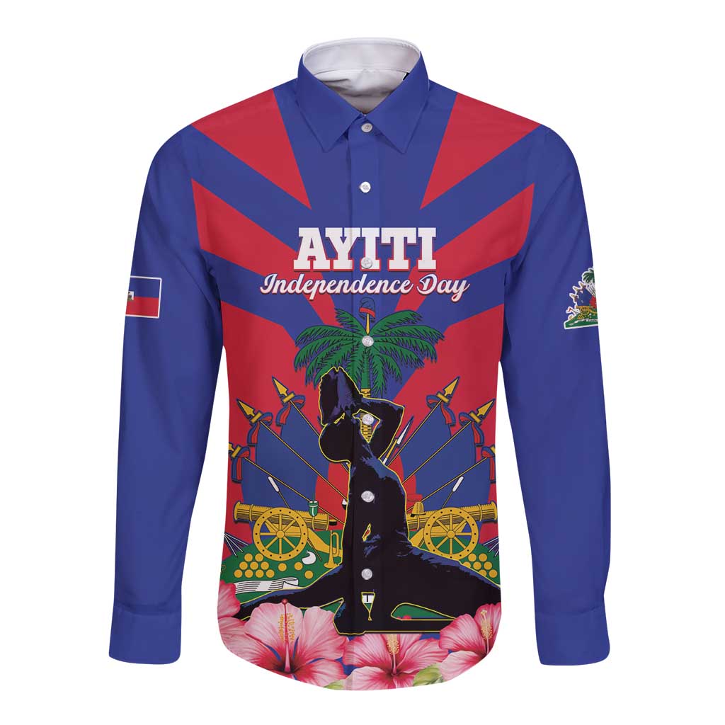 Unisex long-sleeve button shirt, blue with “AYITI Independence Day” front graphic and palm
