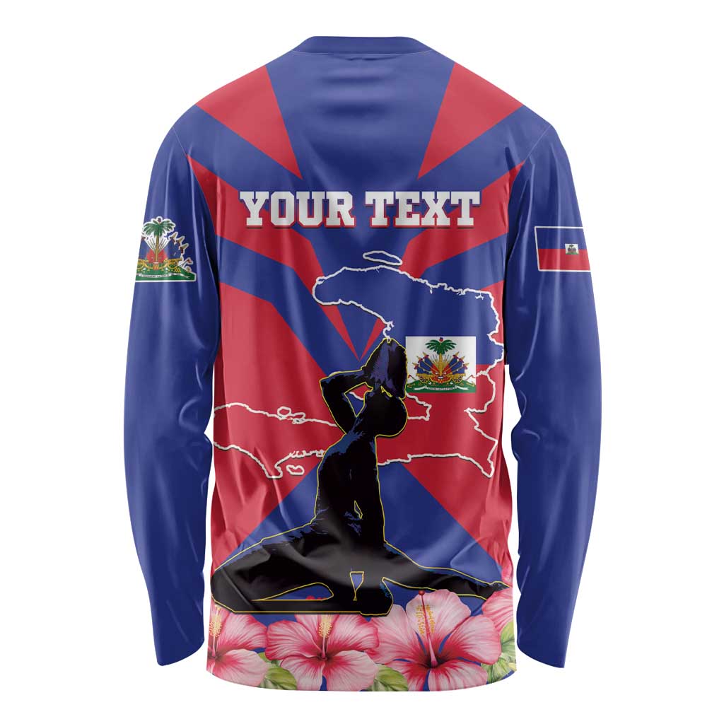 Unisex long-sleeve shirt in navy with red rays, YOUR TEXT, and Haiti map graphic