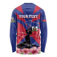 Unisex long-sleeve shirt in navy with red rays, YOUR TEXT, and Haiti map graphic