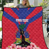 Personalized Haiti independence quilt with red, blue flag stripes and hibiscus flowers