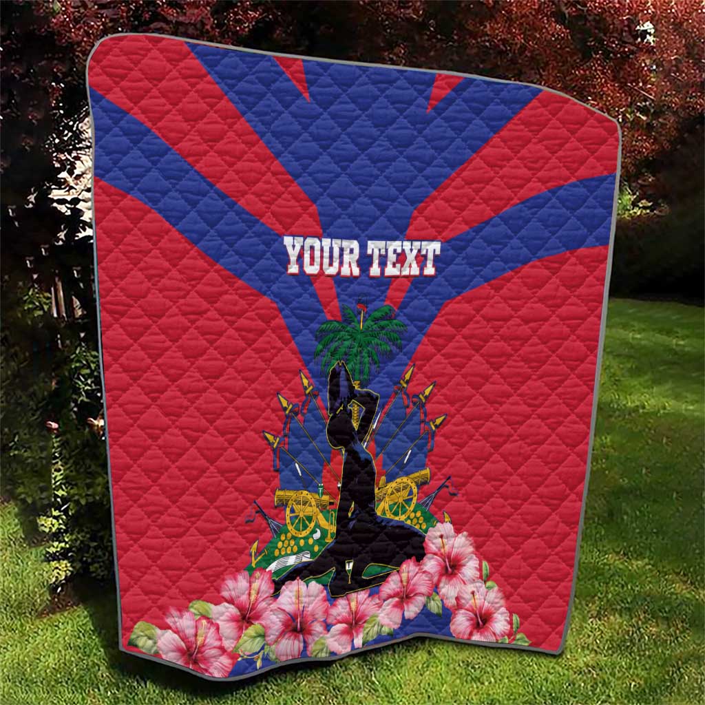 Personalized Haiti independence quilt, red and blue flag pattern with hibiscus flower accents