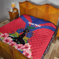 Personalized Haiti independence quilt on bed, red and blue flag with custom text and flowers