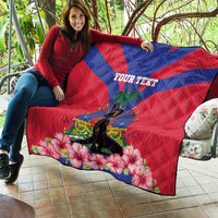Personalized Haiti independence quilt held by person, red and blue flag with floral print