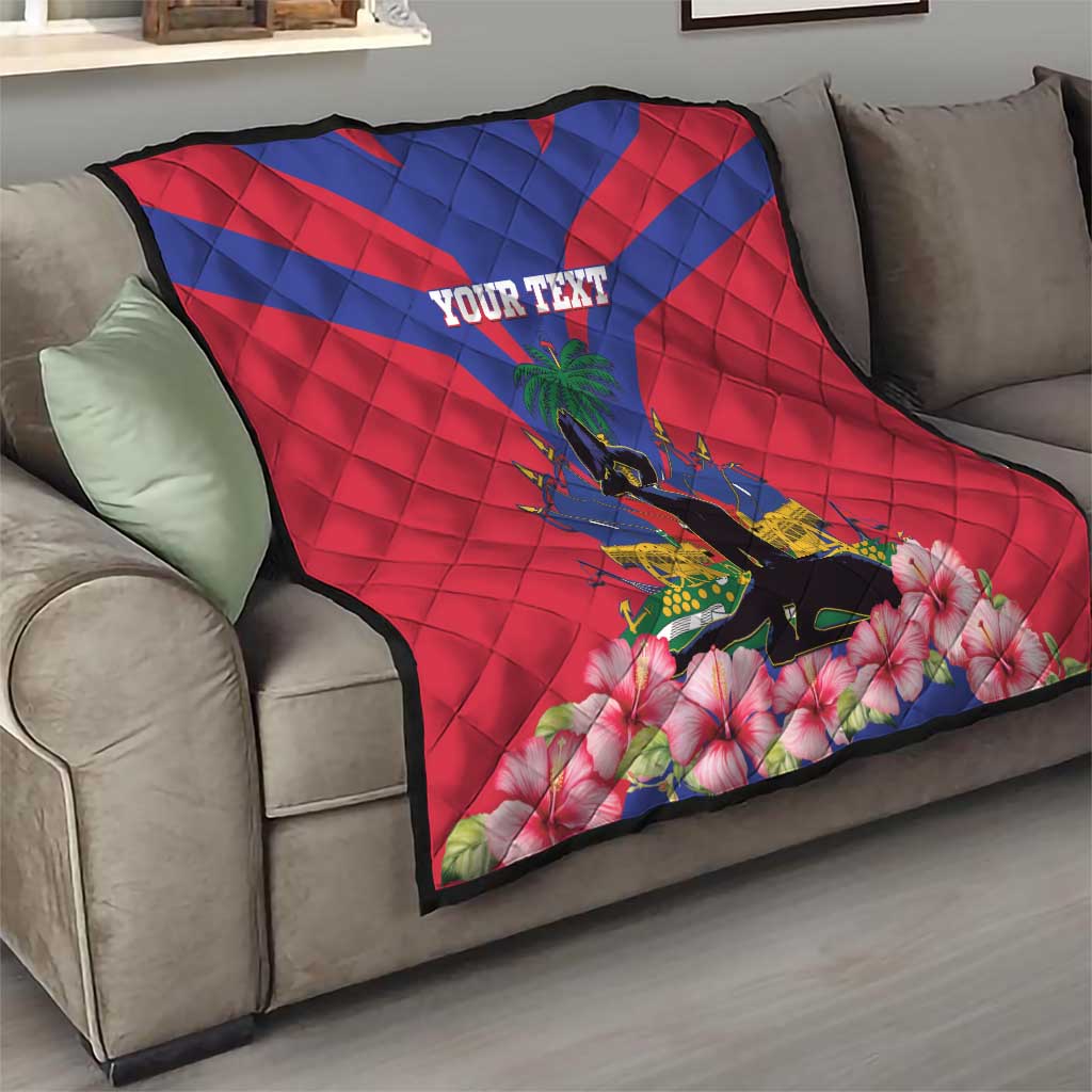 Personalized Haiti independence quilt on sofa, red and blue flag with custom text