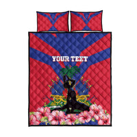 Red and blue quilt bed set with 'YOUR TEXT' center graphic, horse rider, two matching pillows