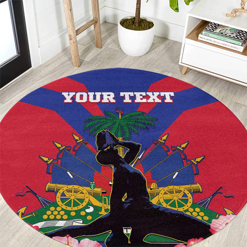 Round rug with Haiti flag design, palm and cannons, and “YOUR TEXT”