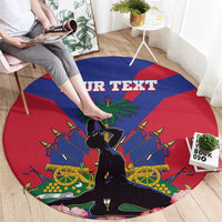 Round rug with Haiti flag map artwork, palm, cannons, and “YOUR TEXT”