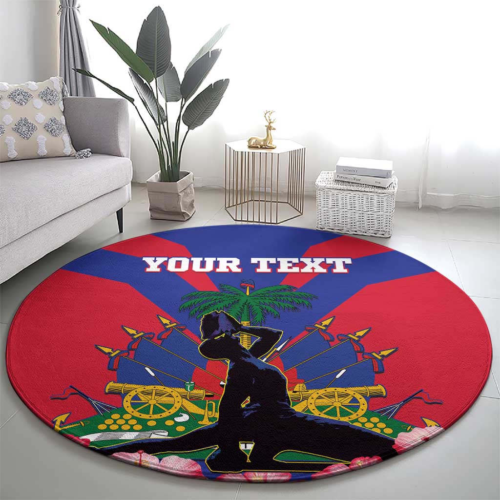 Round rug featuring Haiti flag design with silhouette, palm, cannons, “YOUR TEXT”