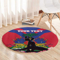 Round rug with Haiti flag design, palm and cannons, and “YOUR TEXT” on floor