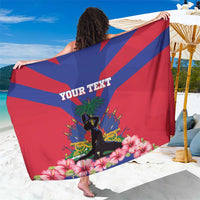 Personalized Haiti flag sarong showing red/blue stripes, map graphic, and hibiscus print