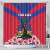 Haiti independence flag shower curtain with custom text, black statue and pink hibiscus