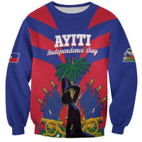 Blue crewneck sweatshirt with Independence Day graphic, palm tree, and rifles