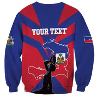 Blue crewneck sweatshirt with custom text and Haiti map flag graphic