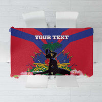 Haiti independence tablecloth with centered Haiti flag emblem, blue accents, and hibiscus