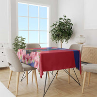 Haiti independence tablecloth on dining table with hibiscus flowers and red-blue flag print
