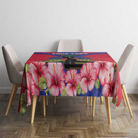 Haiti independence tablecloth with red and blue flag design and pink hibiscus flowers