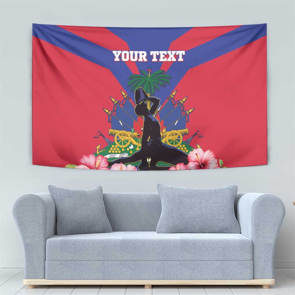 Haiti independence day tapestry with red background, blue diagonal rays, statue, palm and flowers