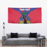 Haiti independence day tapestry, red and blue rays with 'YOUR TEXT' above statue and hibiscus