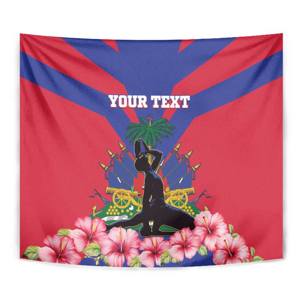 Haiti independence day tapestry close-up of statue, palm, and pink hibiscus on red-blue rays