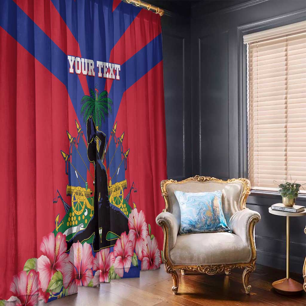 Haiti flag window curtain, red and blue diagonal stripes with hibiscus and 'YOUR TEXT'