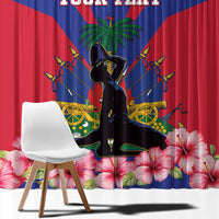 Haiti flag curtain with coat of arms, palm tree artwork, hibiscus and 'YOUR TEXT'