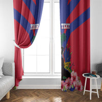 Haiti flag window curtain with personalized text, hibiscus hem and diagonal red-blue stripes