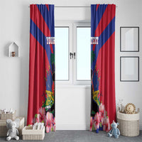 Haiti flag curtain set for windows, red and blue stripes with hibiscus flowers and text