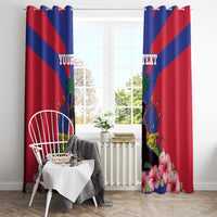 Haiti flag window curtain pair with hibiscus flowers and personalized 'YOUR TEXT'