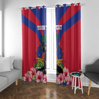 Haiti flag curtains with hook-style top, red-blue stripes, hibiscus and 'YOUR TEXT'