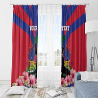 Haiti flag window curtains on rod rings, hibiscus flowers with personalized 'YOUR TEXT'
