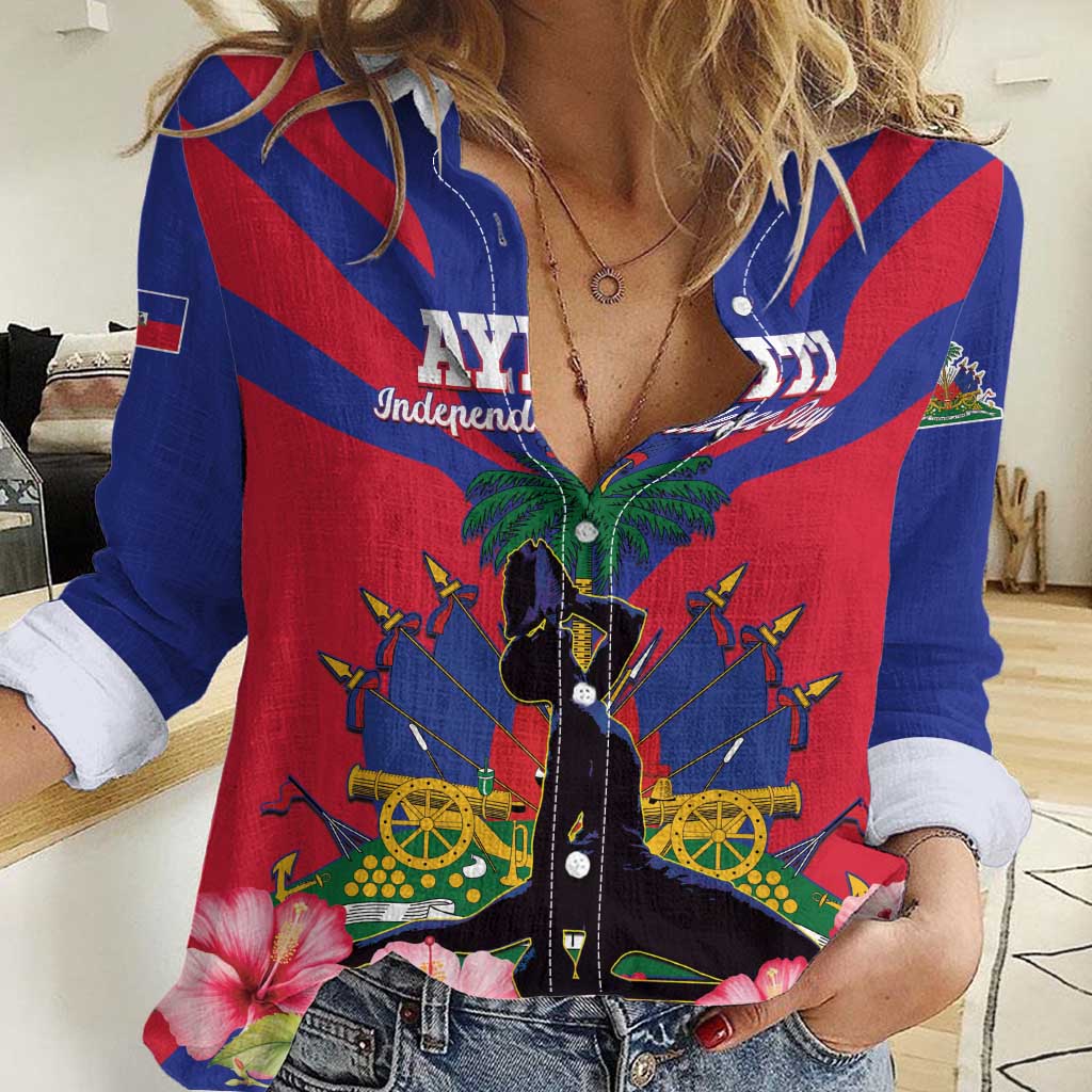 Women’s casual button-up shirt with Haiti flag print, palm trees and floral accents